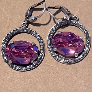 Pink oval Swarovski crystal/ silver earrings